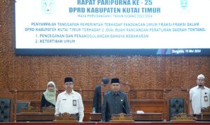 Rapat Paripurna DPRD Kutim Ke-25, penyampaian tanggapan pemerintah terhadap pandangan umum fraksi-fraksi terhadap dua buah raperda. (ist)